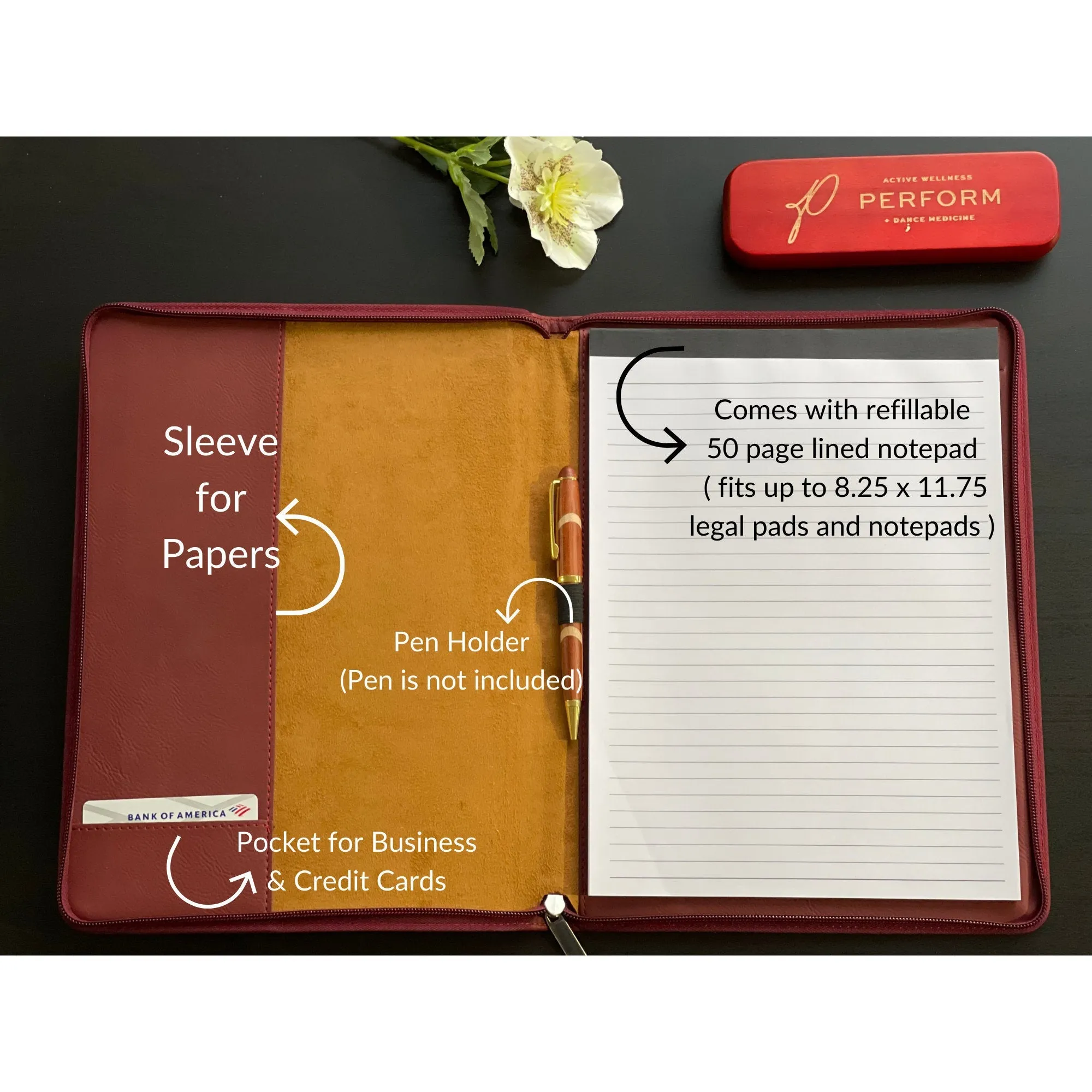 Personalized Vegan Leather Business Portfolio with Zipper