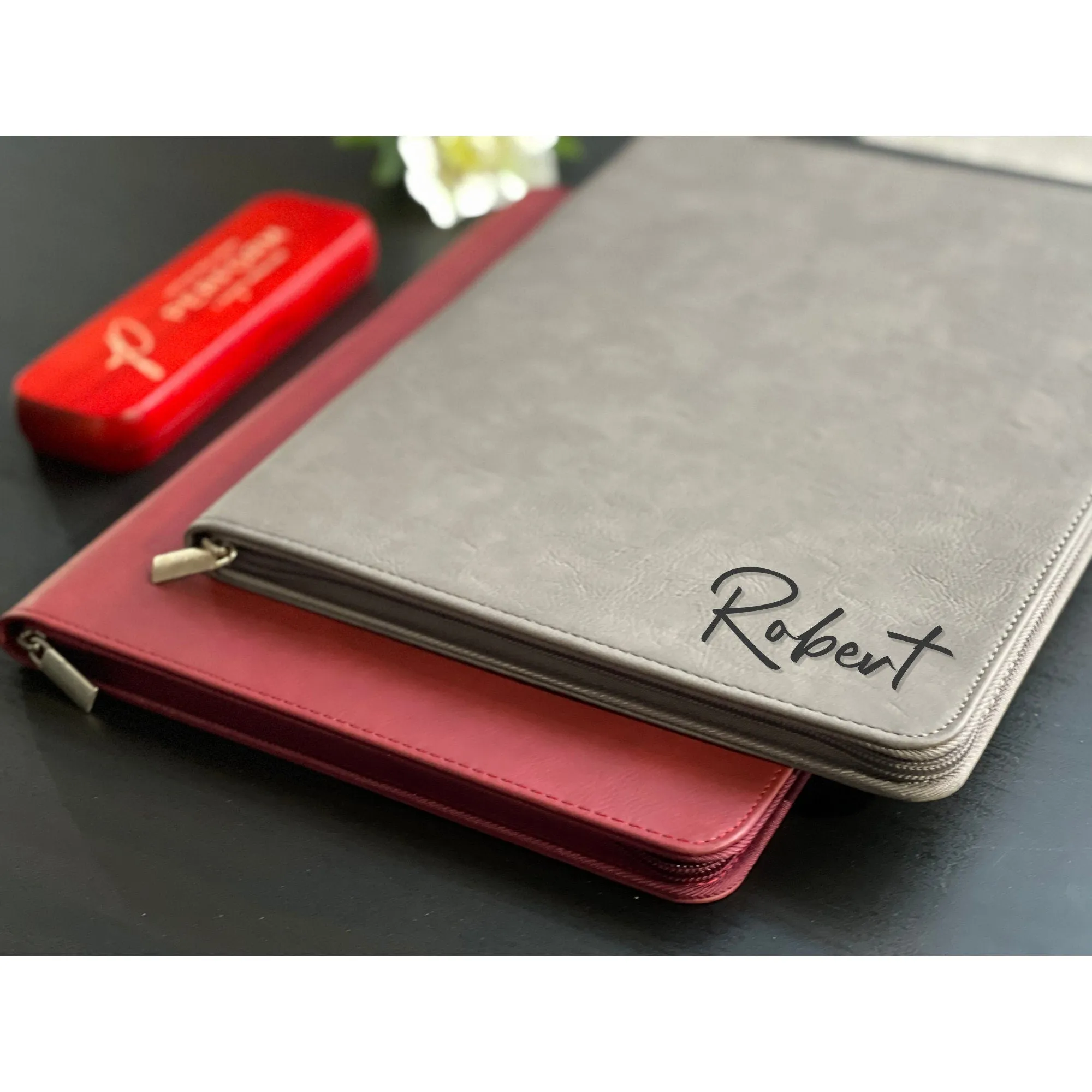 Personalized Vegan Leather Business Portfolio with Zipper