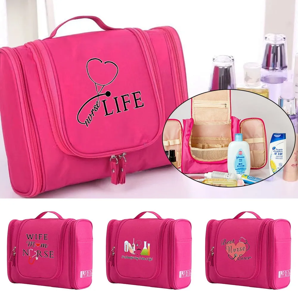 Pink Nurse Hanging Cosmetic MakeUp and Toiletry Bag Handbag Women Wash Pouch Hook Up Cosmetic Bags Travel Camping Toiletry Organizer Nurse Print Waterproof Make Up Case