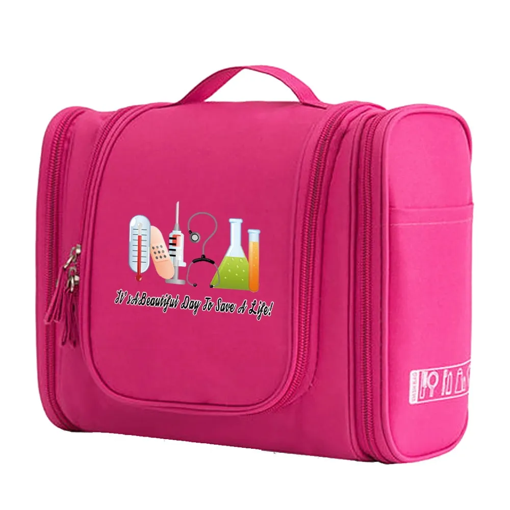 Pink Nurse Hanging Cosmetic MakeUp and Toiletry Bag Handbag Women Wash Pouch Hook Up Cosmetic Bags Travel Camping Toiletry Organizer Nurse Print Waterproof Make Up Case