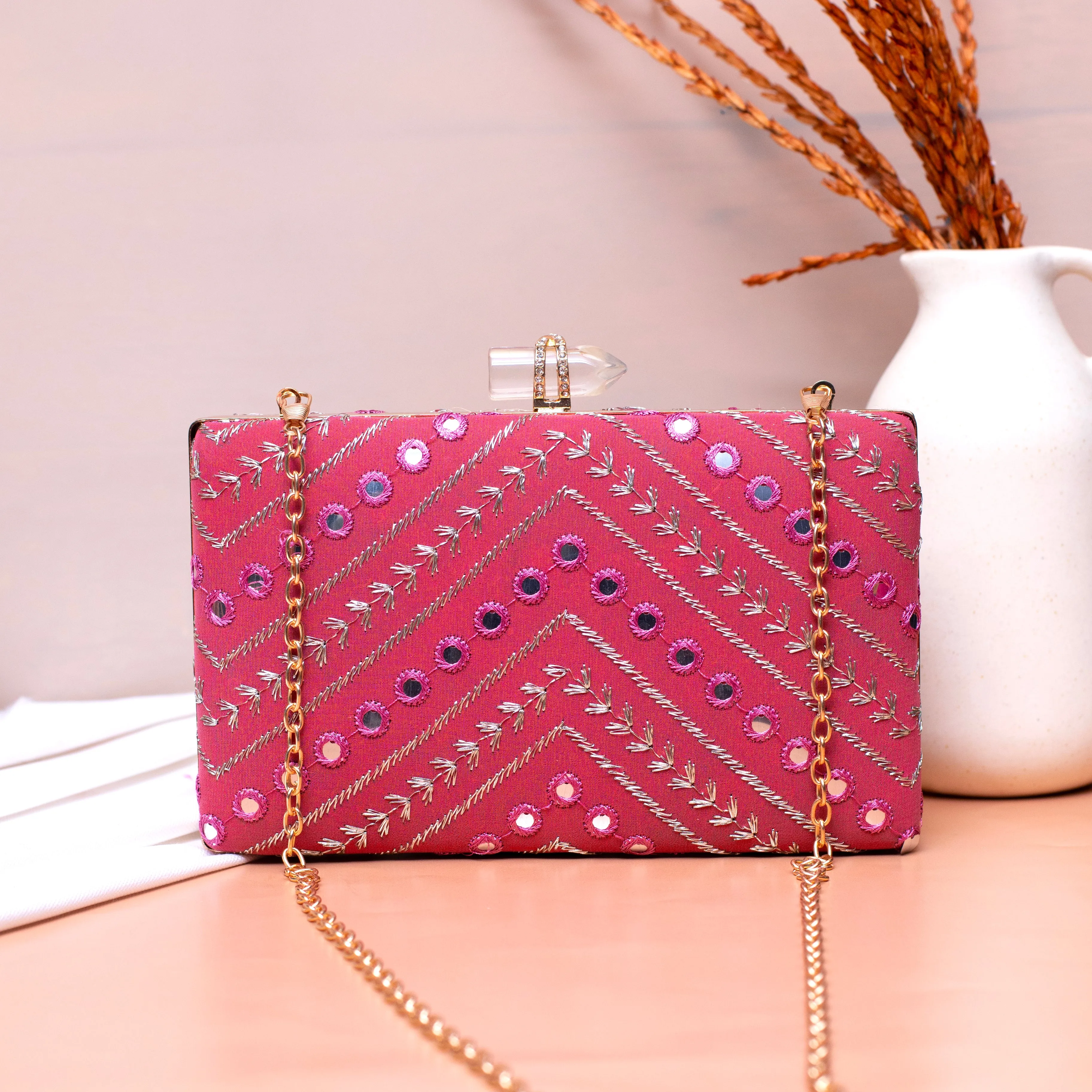 Pink Sequins Embroidery Party Clutch