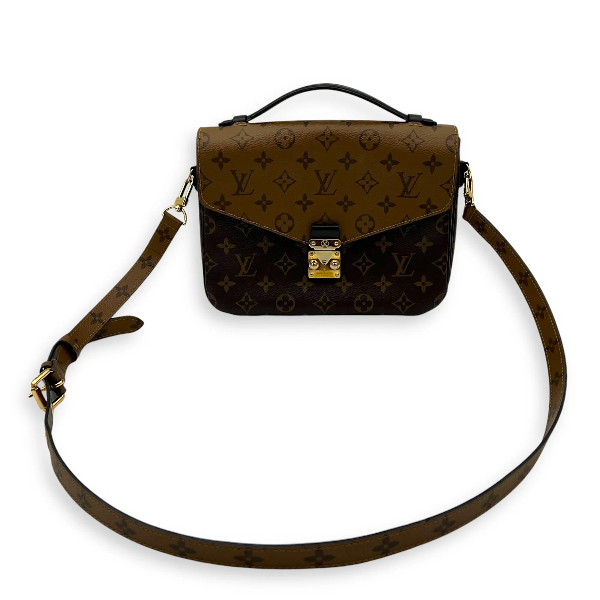 Pochette Metis Crossbody Bag Brown in Monogram Coated Canvas, Gold hardware