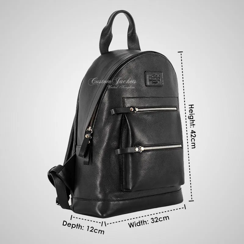 Premium Leather Backpack Black Touring Style Biker School College Bag