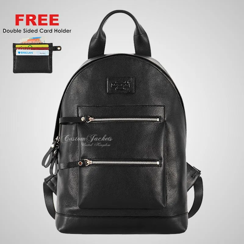Premium Leather Backpack Black Touring Style Biker School College Bag