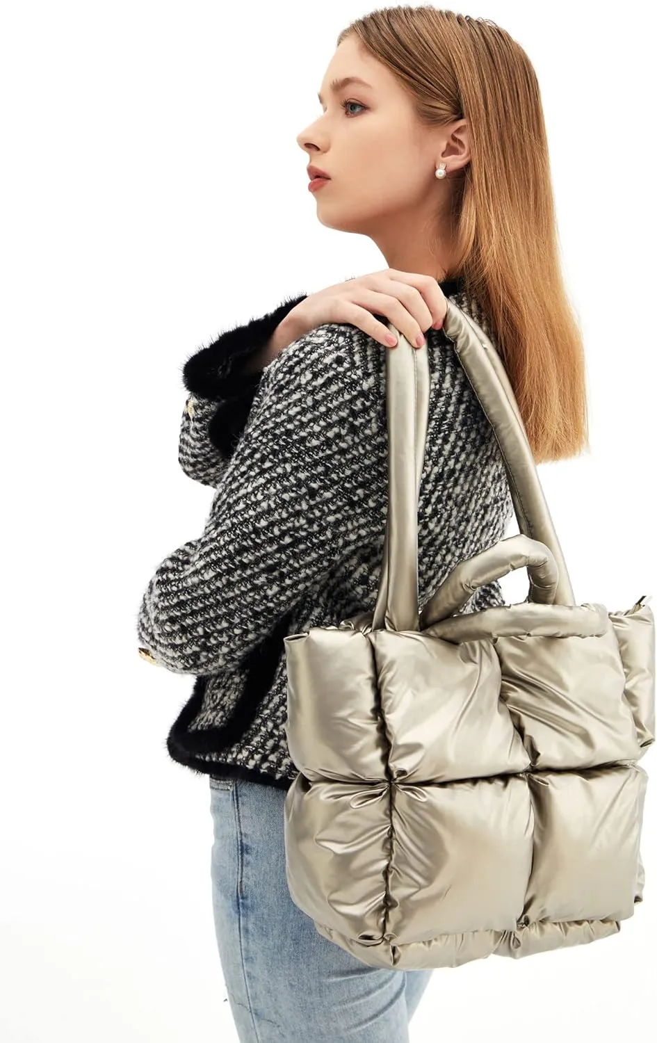 Puffer Shoulder Bag, Luxury Quilted Cotton Padded Tote Bag for Women, Winter Puffer Tote Bag Nylon Pillow Handbag Shopper Bag