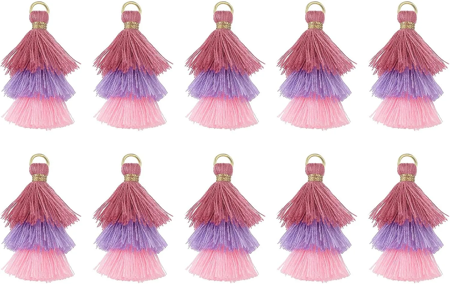 QUARKZMAN Pack of 10 Tiny Three-Layer Tassels 1.6 Inch Mini Tassel Bag Pendant Bohemian Handmade Tassels Key Chain for DIY Projects Jewellery Making (Pink/Purple/Pink)