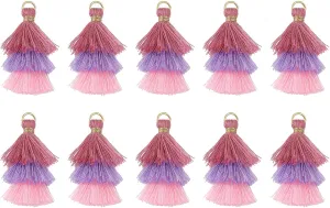 QUARKZMAN Pack of 10 Tiny Three-Layer Tassels 1.6 Inch Mini Tassel Bag Pendant Bohemian Handmade Tassels Key Chain for DIY Projects Jewellery Making (Pink/Purple/Pink)