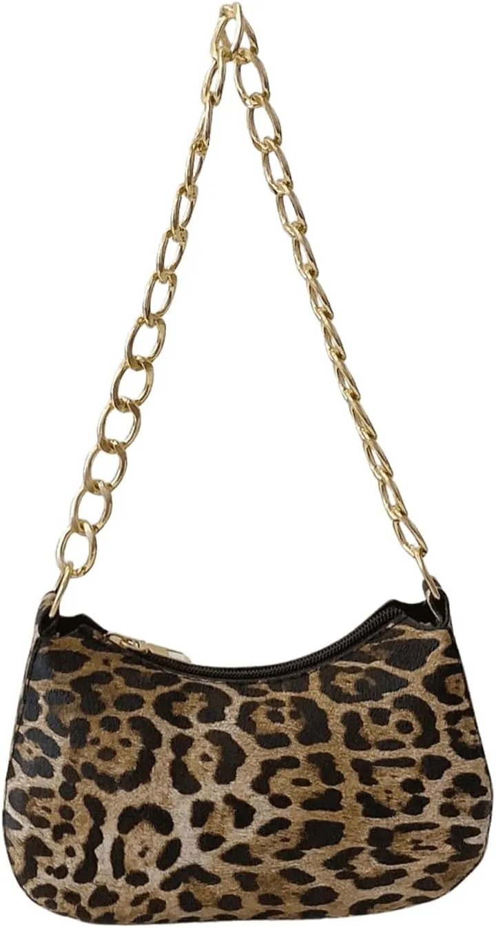 QWINEE Women's Y2K Leopard Print Shoulder Bag Chain Strap Zipper Underarm Purse Mini Handbags