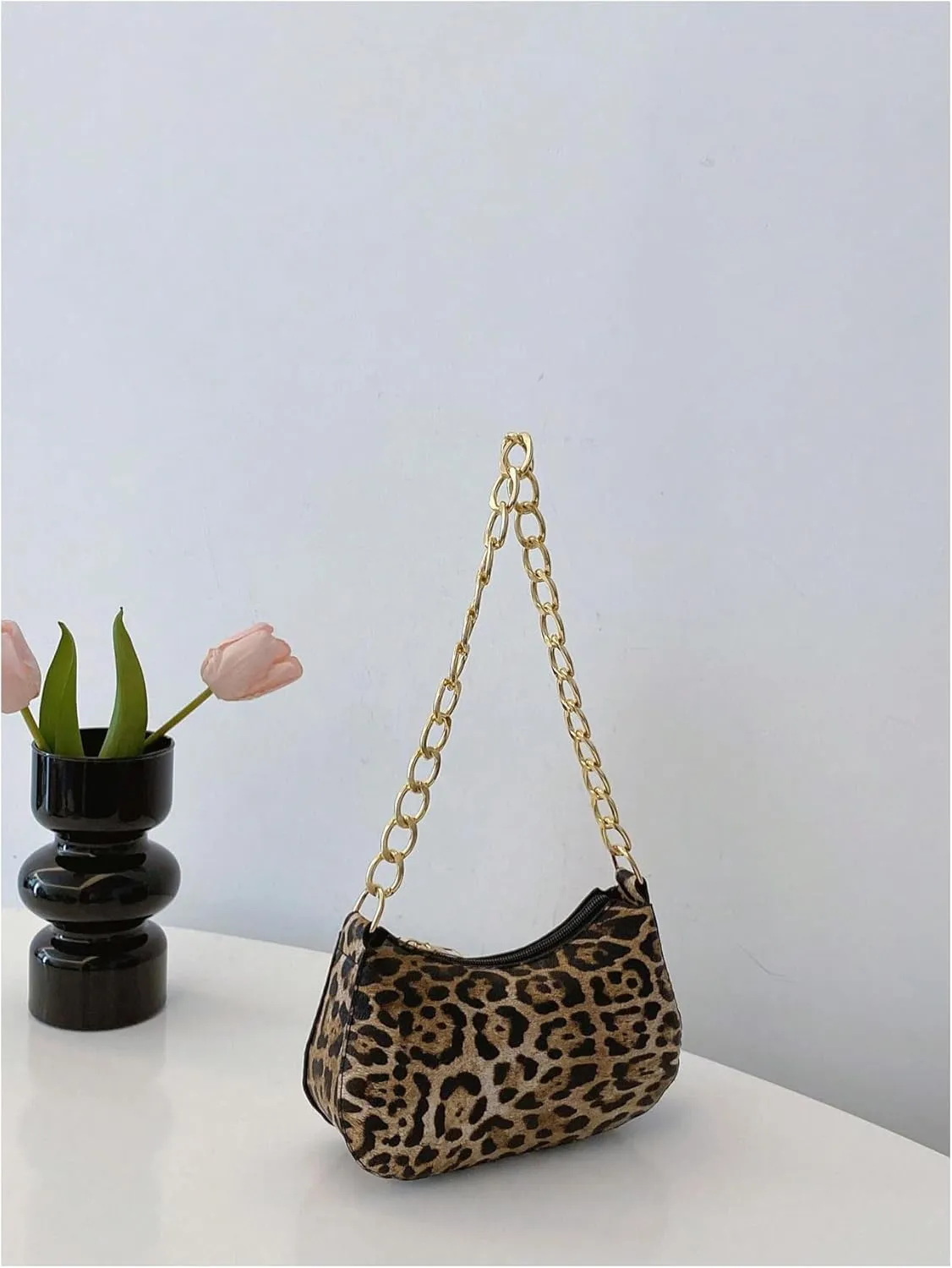 QWINEE Women's Y2K Leopard Print Shoulder Bag Chain Strap Zipper Underarm Purse Mini Handbags