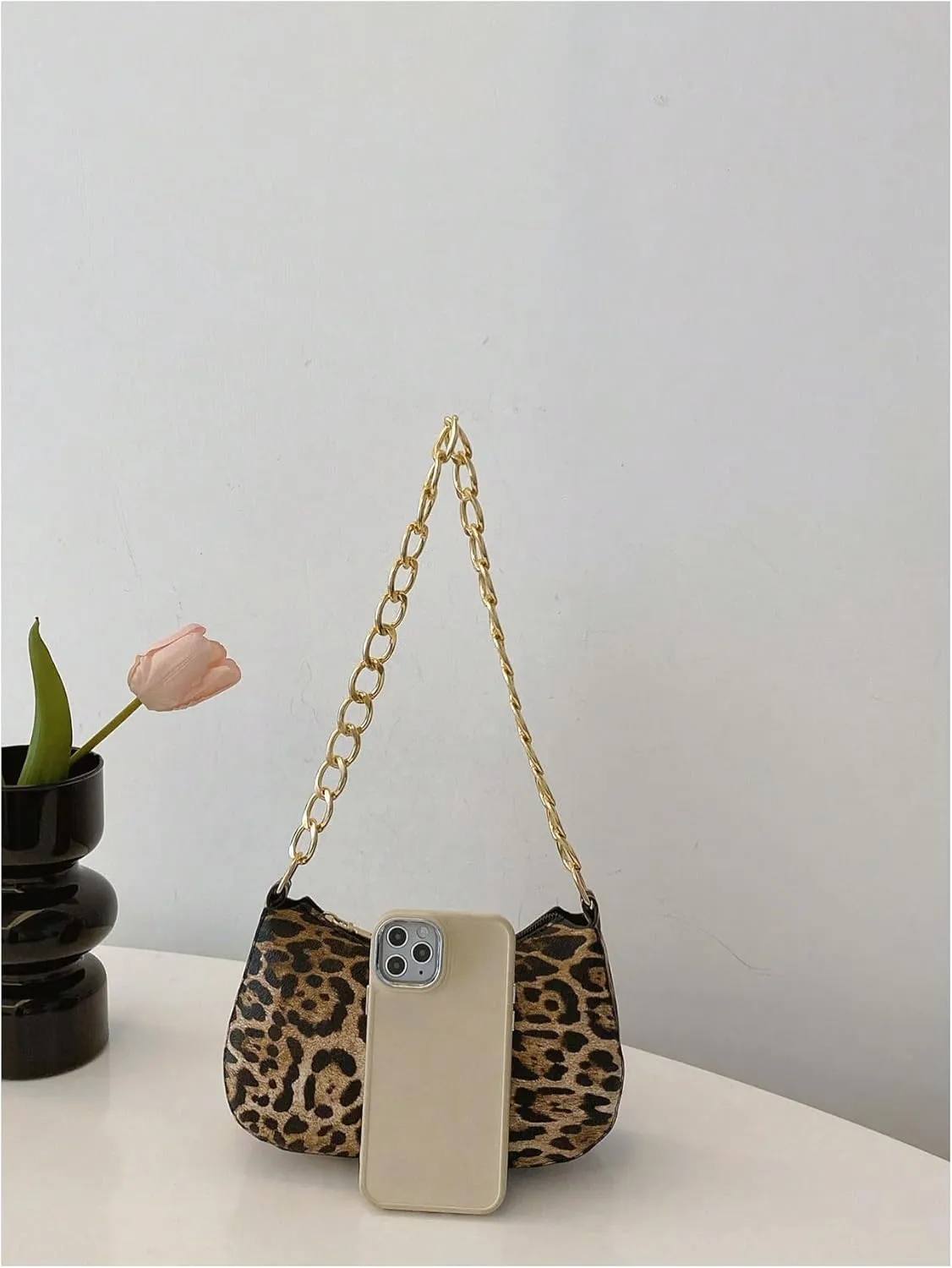 QWINEE Women's Y2K Leopard Print Shoulder Bag Chain Strap Zipper Underarm Purse Mini Handbags