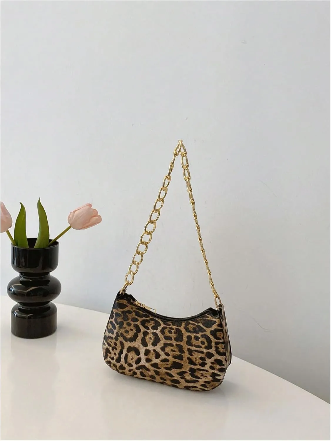 QWINEE Women's Y2K Leopard Print Shoulder Bag Chain Strap Zipper Underarm Purse Mini Handbags