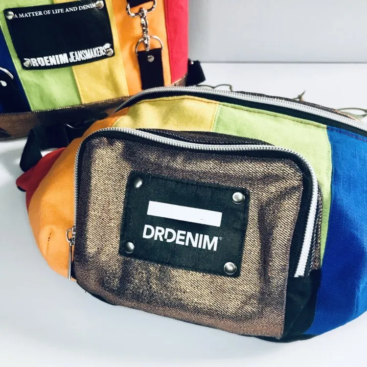 Rainbow waist pack in multicoloured cotton and black denim