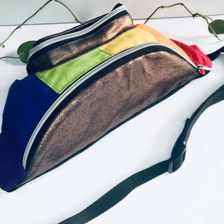 Rainbow waist pack in multicoloured cotton and black denim