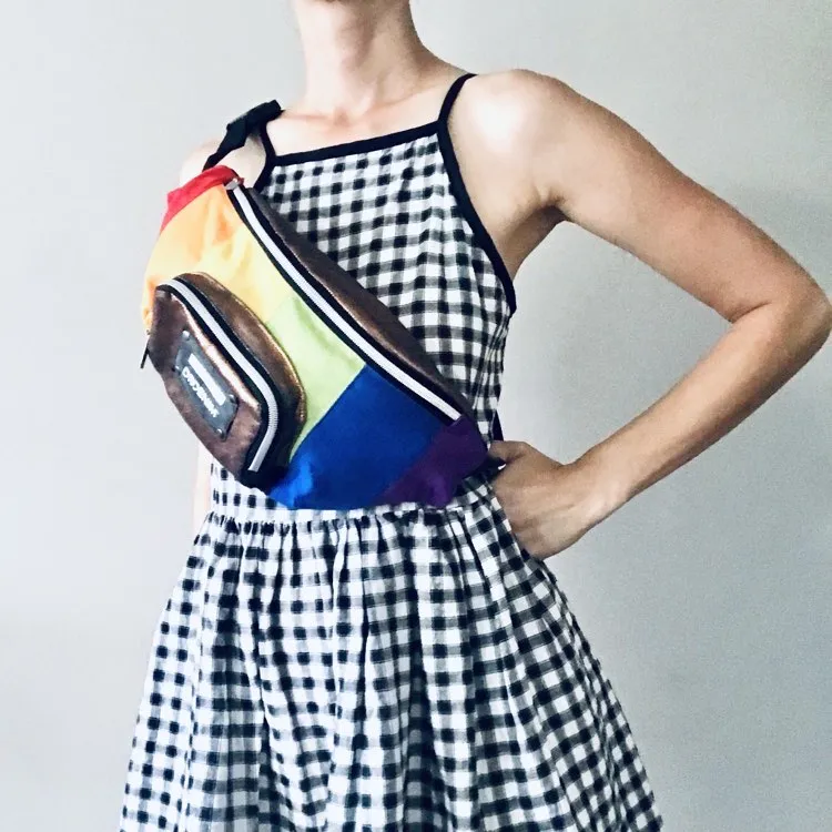 Rainbow waist pack in multicoloured cotton and black denim