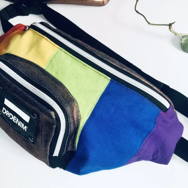 Rainbow waist pack in multicoloured cotton and black denim