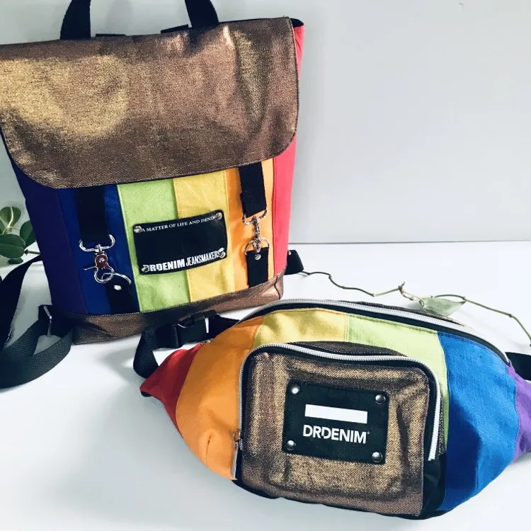 Rainbow waist pack in multicoloured cotton and black denim
