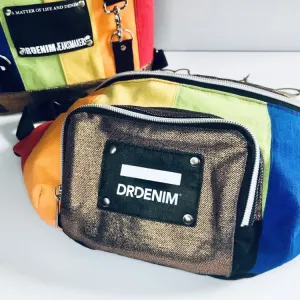 Rainbow waist pack in multicoloured cotton and black denim