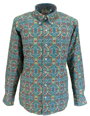 Relco Mens Green Retro Psychedelic Patterned Button Down Shirts