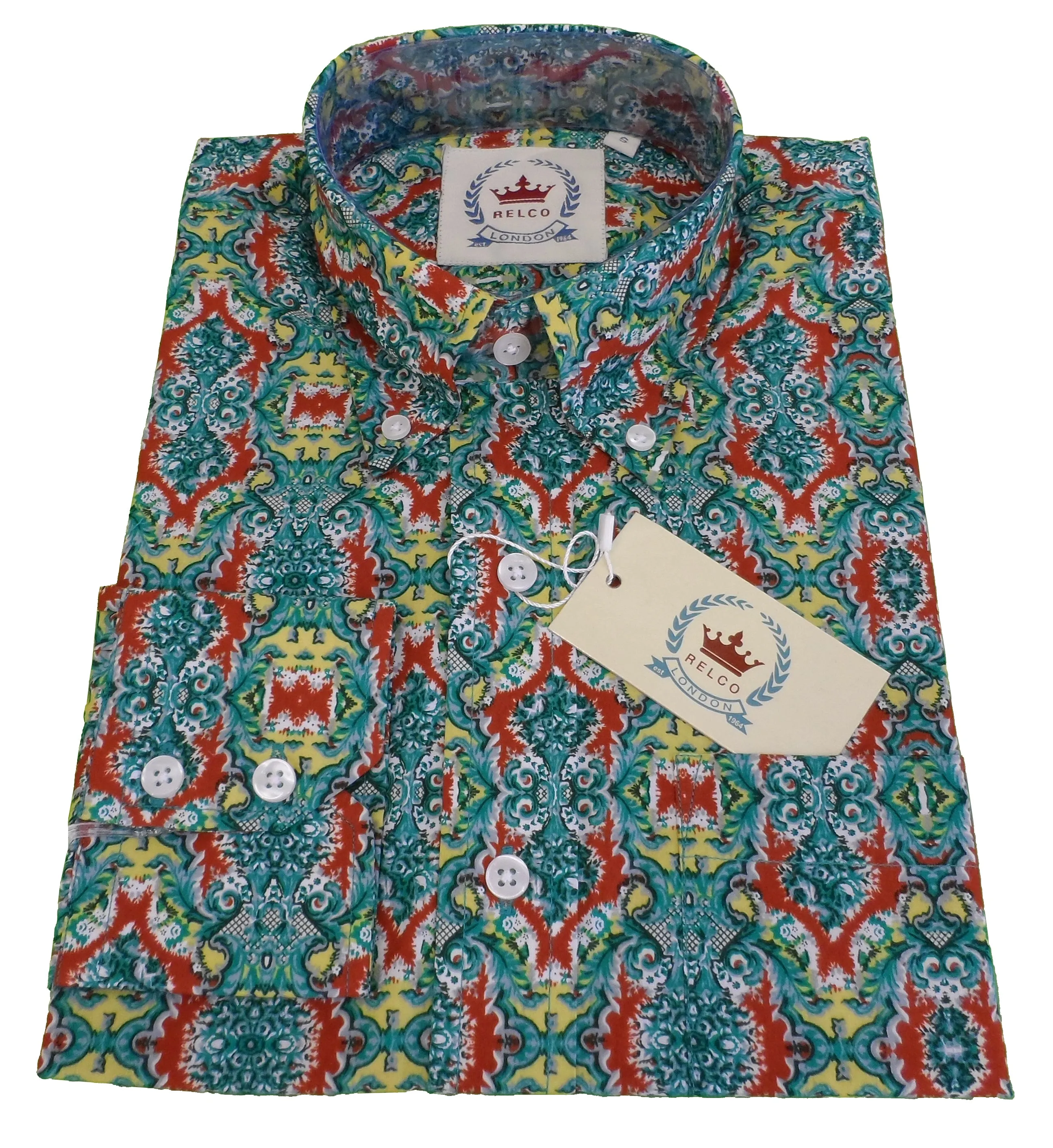 Relco Mens Green Retro Psychedelic Patterned Button Down Shirts