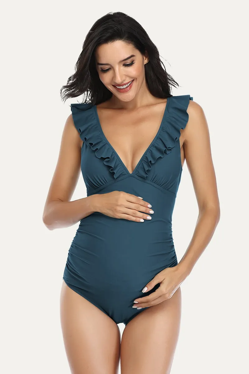 Ruffle One Piece Maternity Bathing Suit With Lace-up Back
