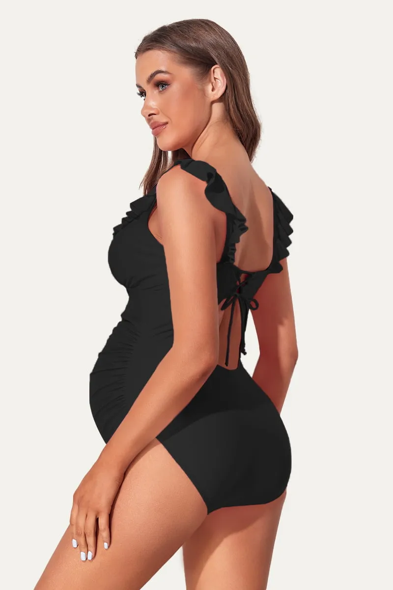 Ruffle One Piece Maternity Bathing Suit With Lace-up Back