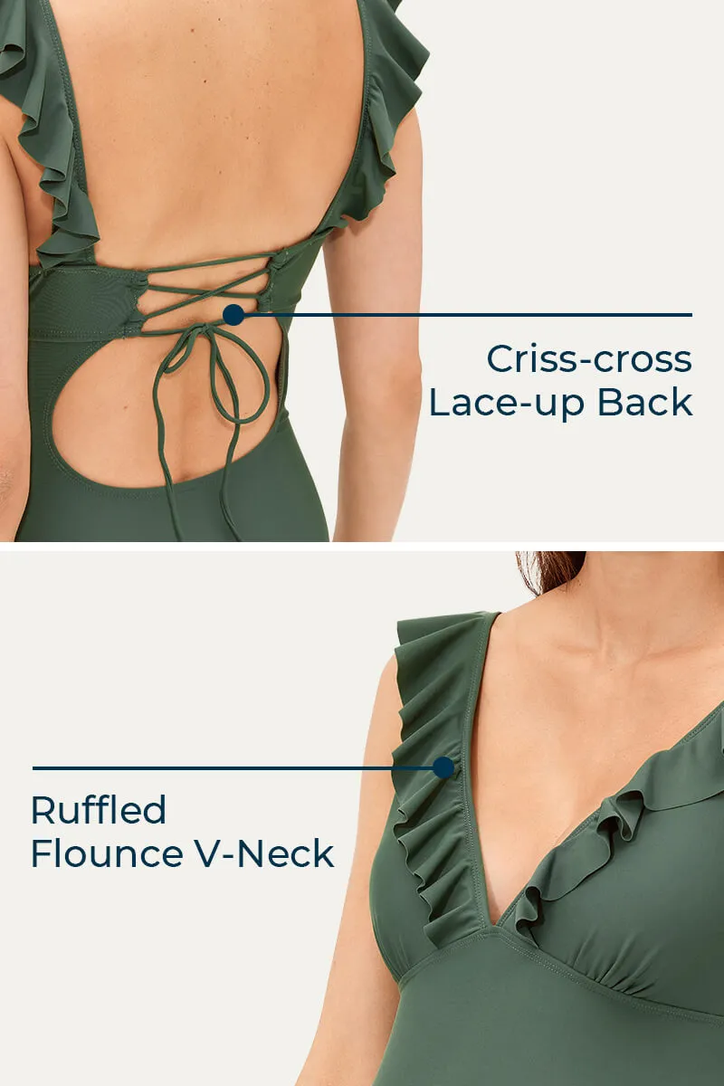Ruffle One Piece Maternity Bathing Suit With Lace-up Back