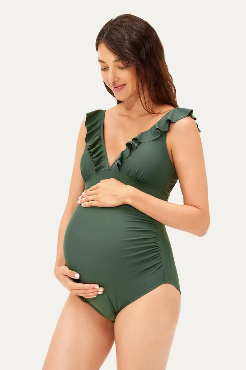 Ruffle One Piece Maternity Bathing Suit With Lace-up Back