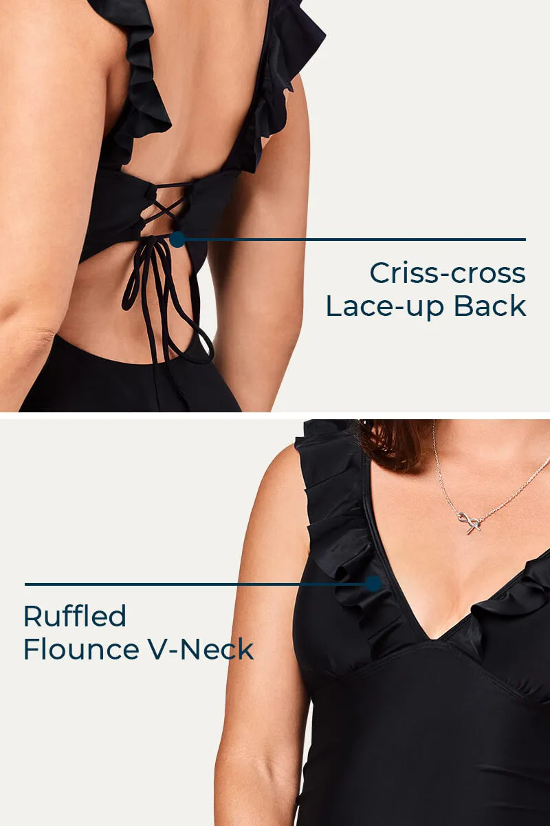 Ruffle One Piece Maternity Bathing Suit With Lace-up Back