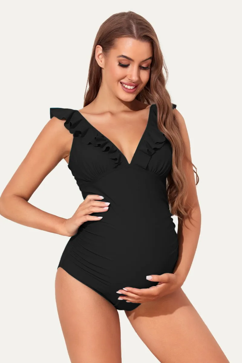 Ruffle One Piece Maternity Bathing Suit With Lace-up Back