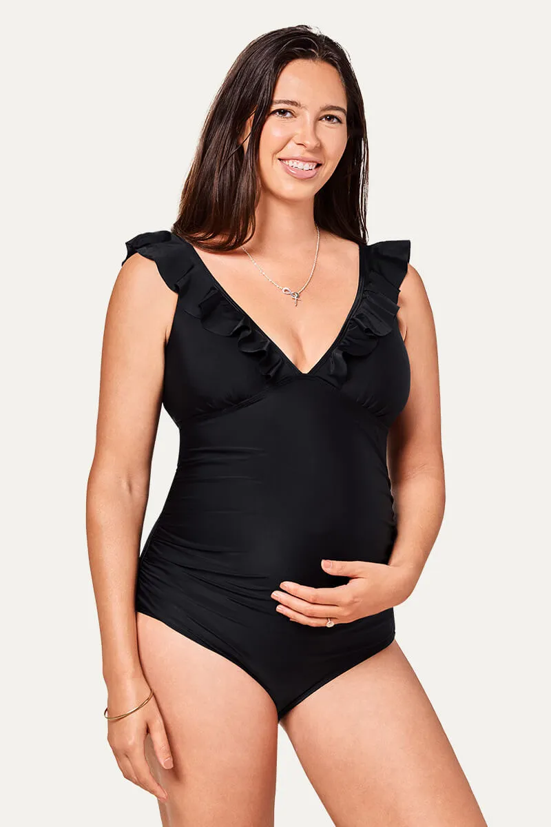 Ruffle One Piece Maternity Bathing Suit With Lace-up Back