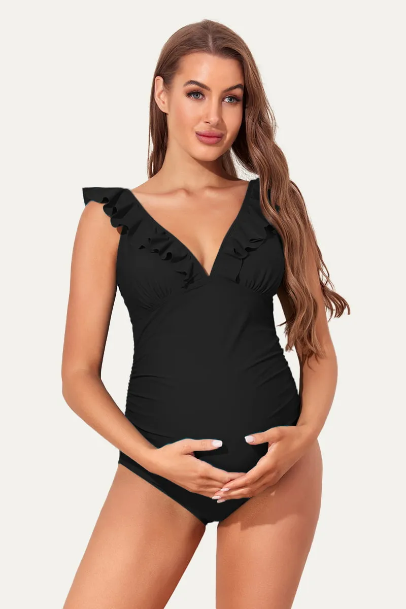 Ruffle One Piece Maternity Bathing Suit With Lace-up Back