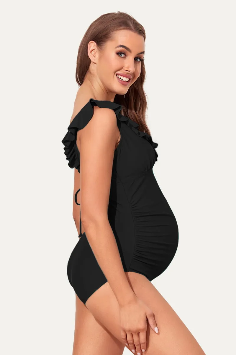 Ruffle One Piece Maternity Bathing Suit With Lace-up Back