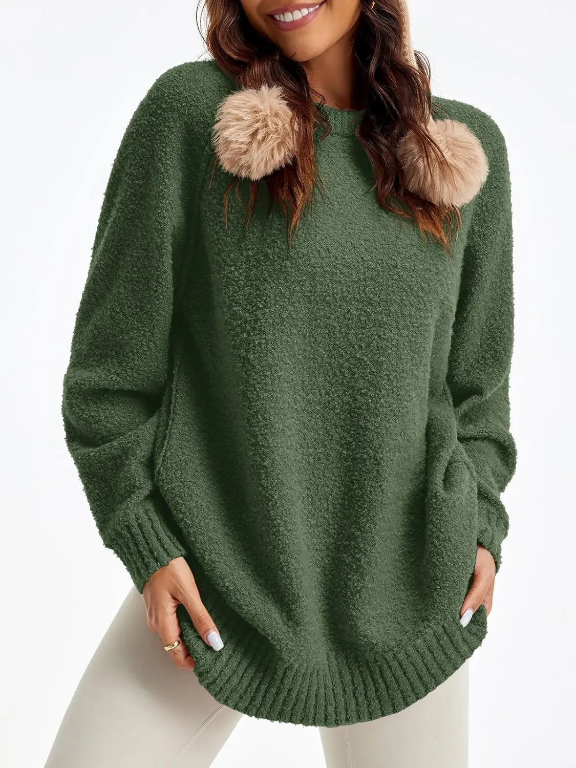 Saodimallsu Womens Oversized Sweater 2024 Fall Trendy Fuzzy Crew Neck Long Sleeve Casual Tunic Sweaters