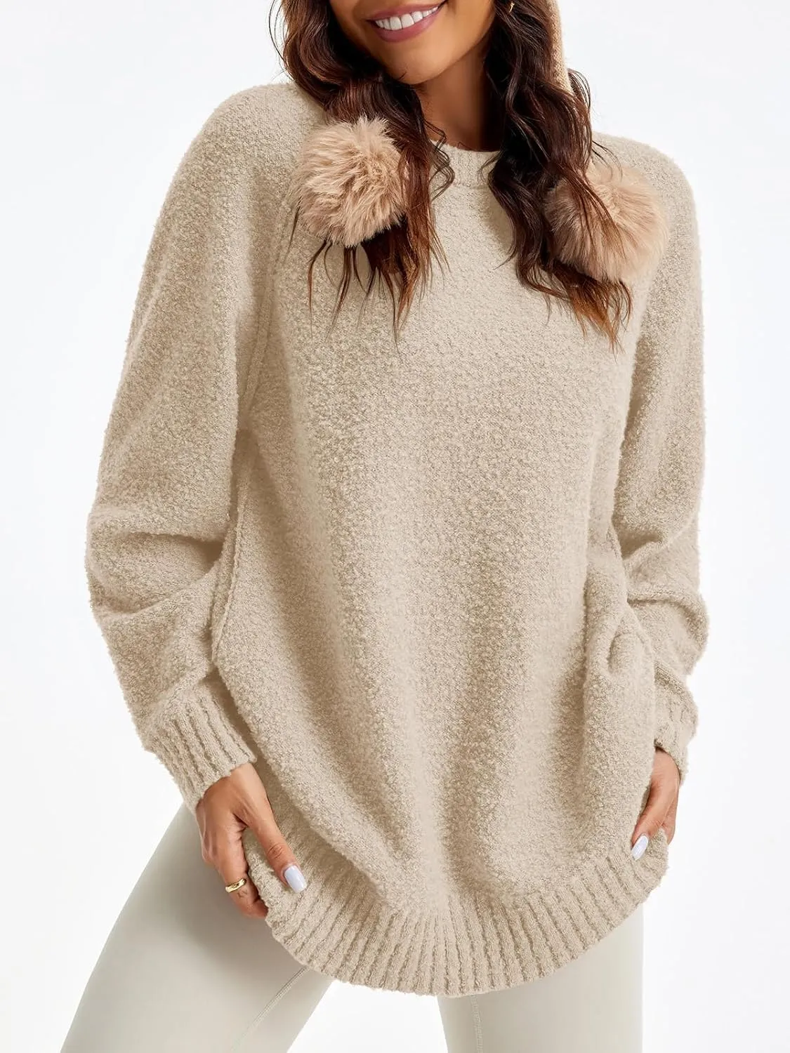 Saodimallsu Womens Oversized Sweater 2024 Fall Trendy Fuzzy Crew Neck Long Sleeve Casual Tunic Sweaters