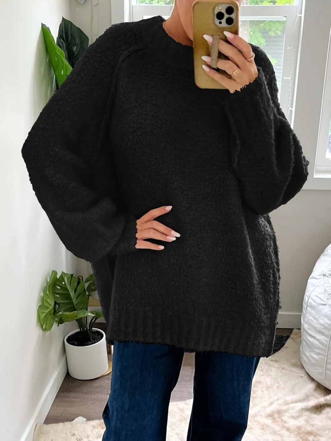 Saodimallsu Womens Oversized Sweater 2024 Fall Trendy Fuzzy Crew Neck Long Sleeve Casual Tunic Sweaters