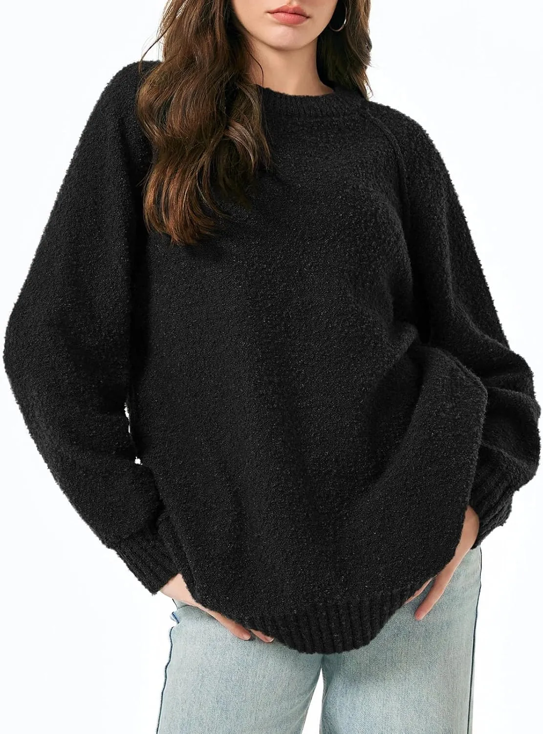 Saodimallsu Womens Oversized Sweater 2024 Fall Trendy Fuzzy Crew Neck Long Sleeve Casual Tunic Sweaters