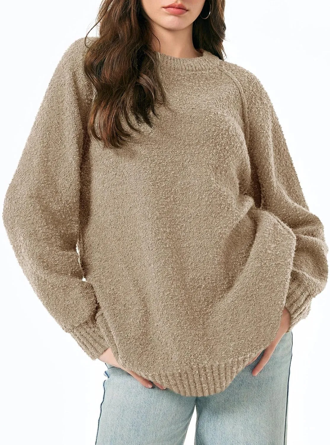 Saodimallsu Womens Oversized Sweater 2024 Fall Trendy Fuzzy Crew Neck Long Sleeve Casual Tunic Sweaters