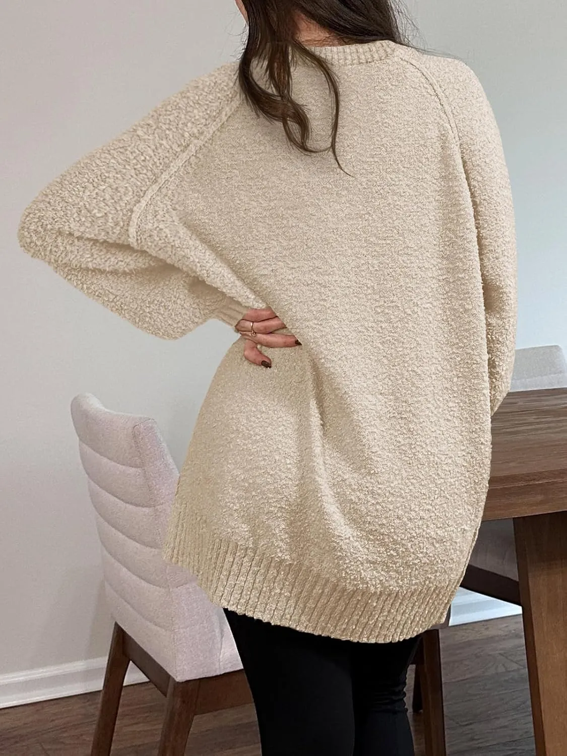 Saodimallsu Womens Oversized Sweater 2024 Fall Trendy Fuzzy Crew Neck Long Sleeve Casual Tunic Sweaters