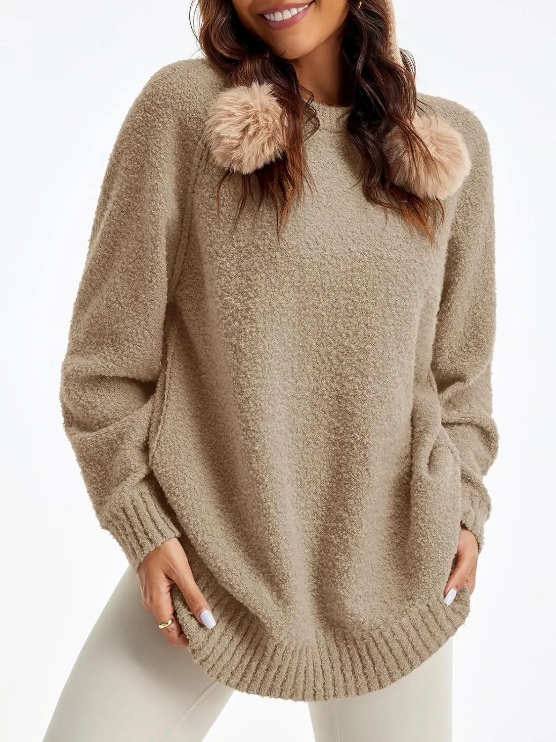Saodimallsu Womens Oversized Sweater 2024 Fall Trendy Fuzzy Crew Neck Long Sleeve Casual Tunic Sweaters