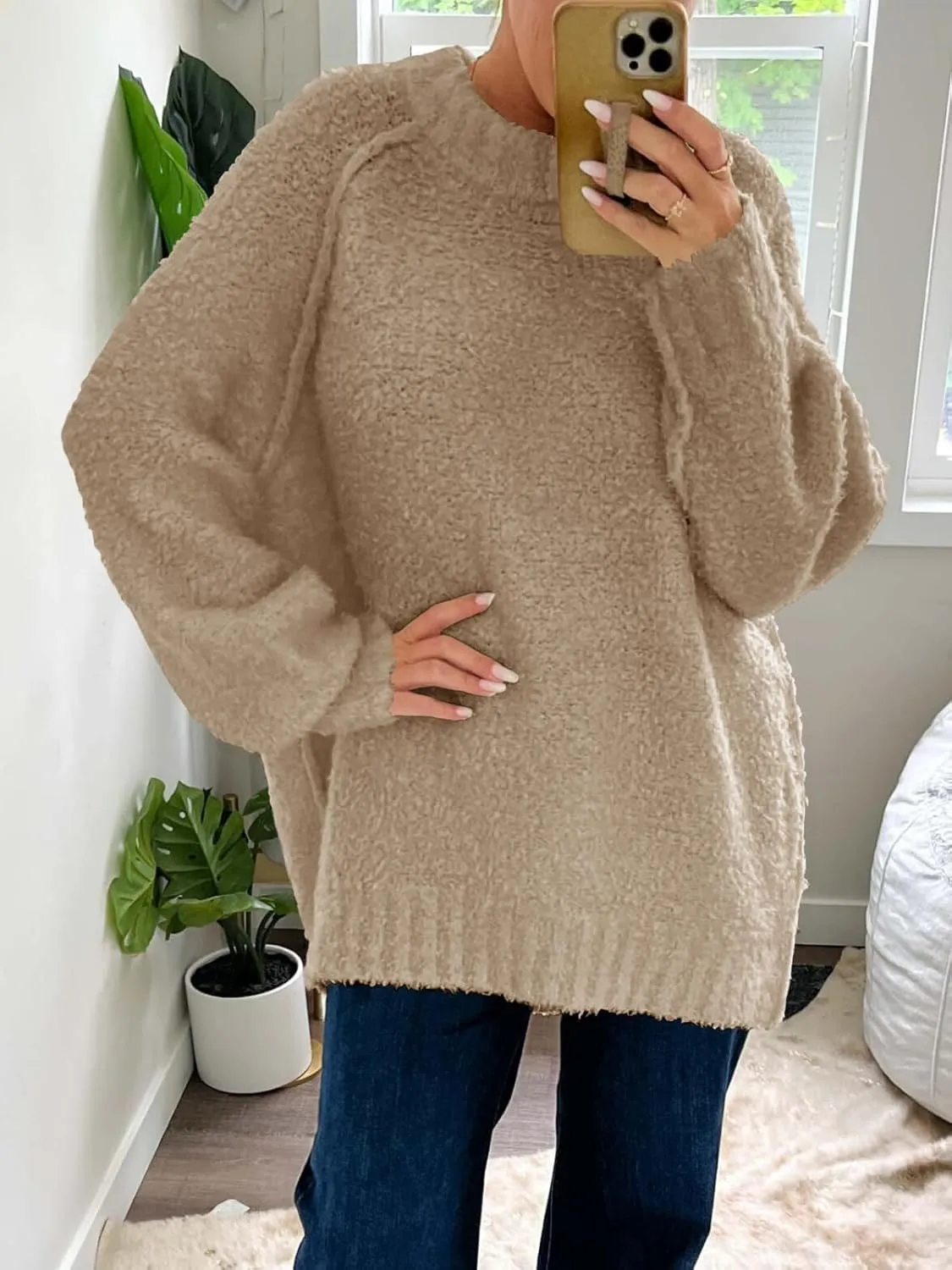 Saodimallsu Womens Oversized Sweater 2024 Fall Trendy Fuzzy Crew Neck Long Sleeve Casual Tunic Sweaters