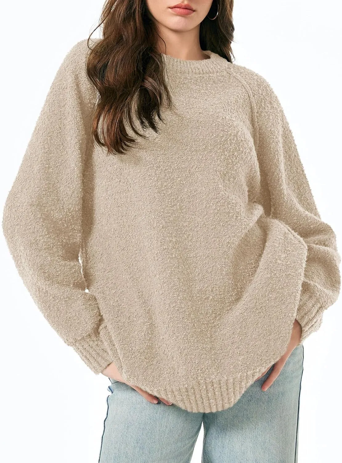 Saodimallsu Womens Oversized Sweater 2024 Fall Trendy Fuzzy Crew Neck Long Sleeve Casual Tunic Sweaters