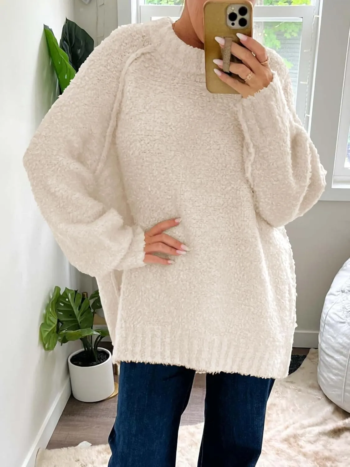 Saodimallsu Womens Oversized Sweater 2024 Fall Trendy Fuzzy Crew Neck Long Sleeve Casual Tunic Sweaters