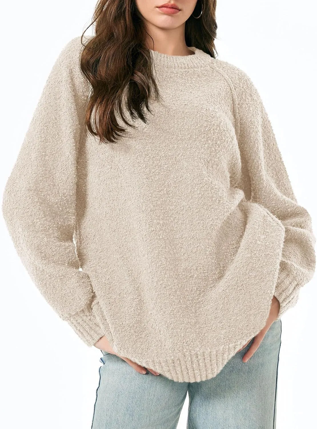 Saodimallsu Womens Oversized Sweater 2024 Fall Trendy Fuzzy Crew Neck Long Sleeve Casual Tunic Sweaters