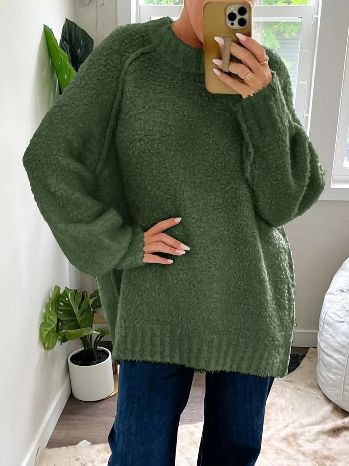 Saodimallsu Womens Oversized Sweater 2024 Fall Trendy Fuzzy Crew Neck Long Sleeve Casual Tunic Sweaters