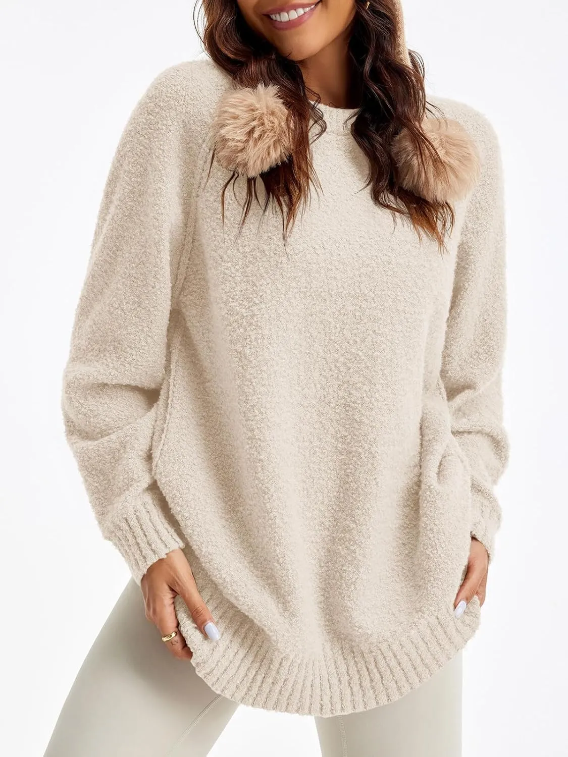 Saodimallsu Womens Oversized Sweater 2024 Fall Trendy Fuzzy Crew Neck Long Sleeve Casual Tunic Sweaters