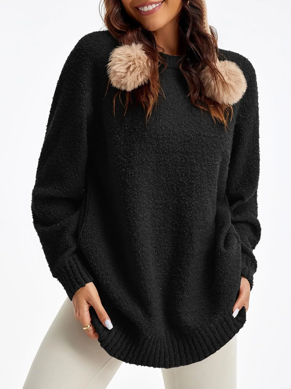 Saodimallsu Womens Oversized Sweater 2024 Fall Trendy Fuzzy Crew Neck Long Sleeve Casual Tunic Sweaters