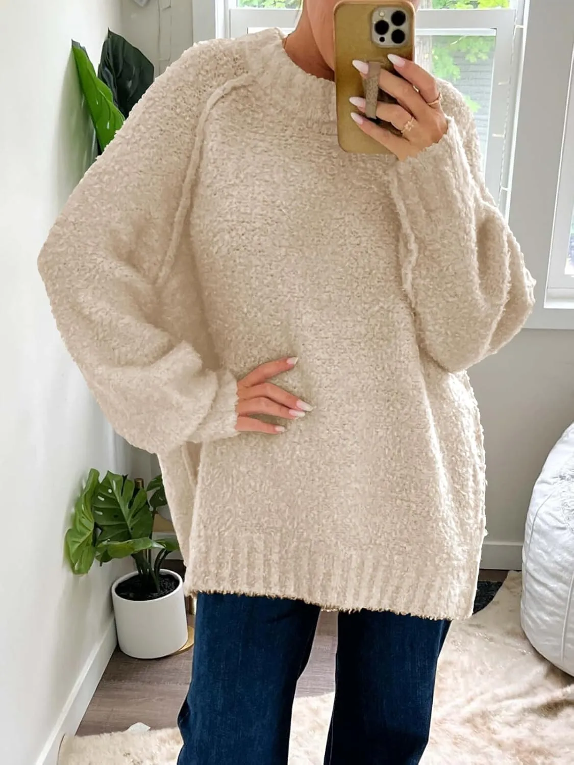 Saodimallsu Womens Oversized Sweater 2024 Fall Trendy Fuzzy Crew Neck Long Sleeve Casual Tunic Sweaters