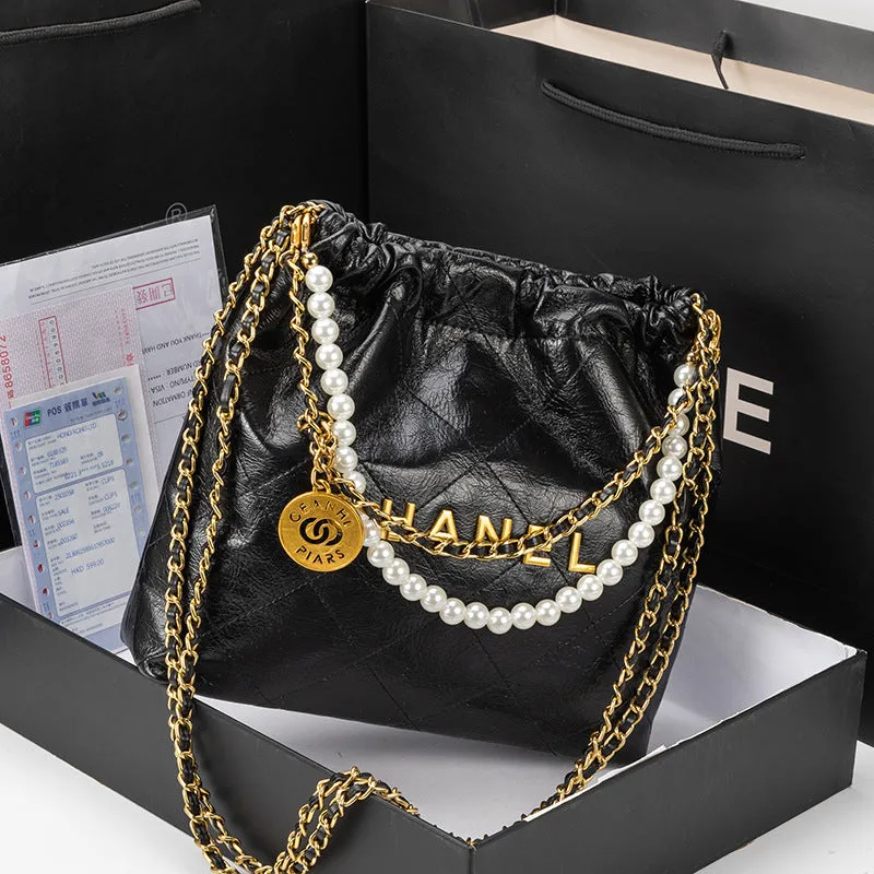 SEALBEER New pearl garbage bag, tote bag, simple and fashionable shoulder underarm bag, small fragrant wind rhombus chain women's bag