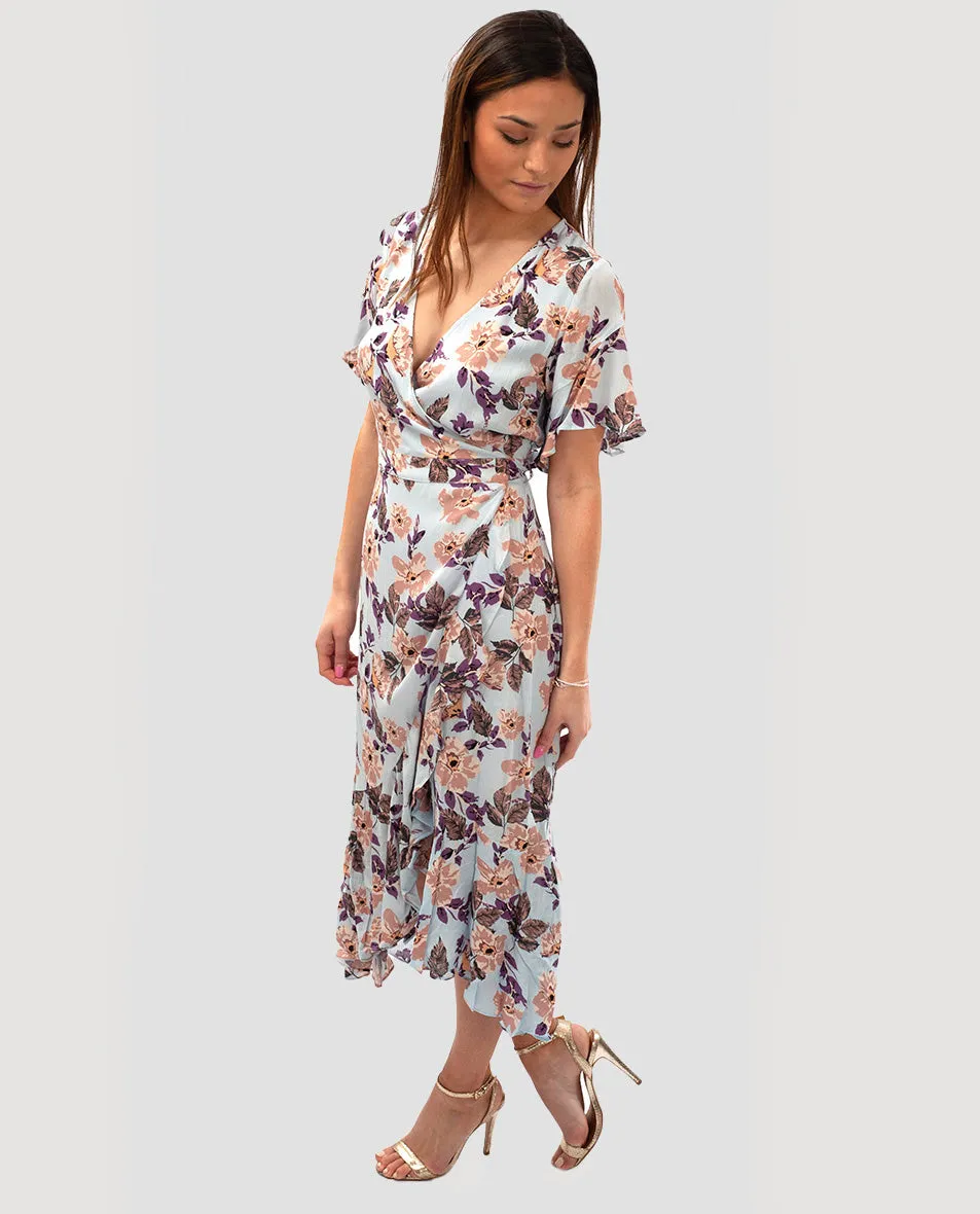 SEVEN WONDERS PURPLE FLORAL MAXI WRAP DRESS
