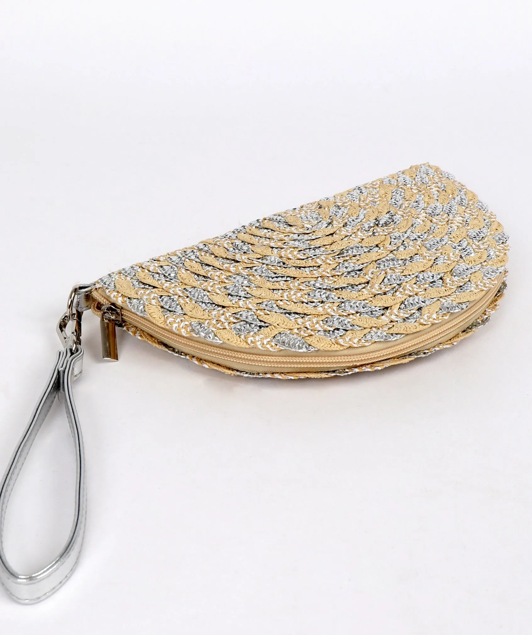 Silver Half Moon Clutch with Zip Closure and Pockets